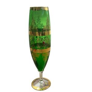 Vintage Italian mid century green glass vase w/gold gilding 17”